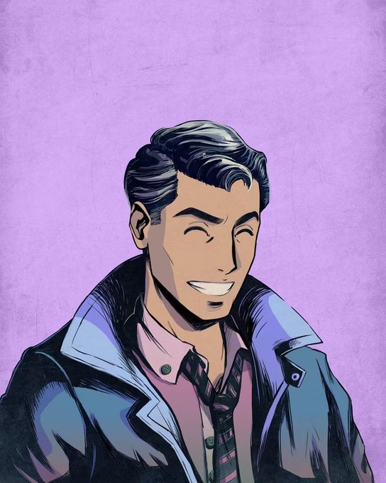 A smiling illustrated man with dark hair, wearing a blue jacket over a pink shirt and tie, appears cheerful against a purple background, ironically contrasting the post's confession of a $7,000 loss on the MadLad NFT.