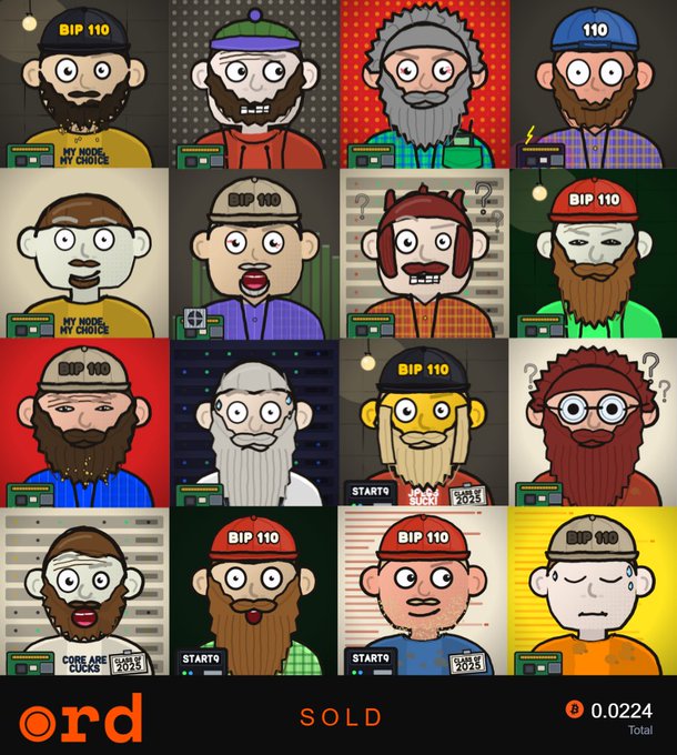 A grid of 16 cartoon "knot heads" with various hairstyles, hats, and accessories labeled "BIP 110," "BIP 000," "STARTQ," and "CORE ARE CUCKS" appears on the Ordinals marketplace (◉RD), where the collection is marked as "SOLD" with an Ethereum price of 0.0224.
