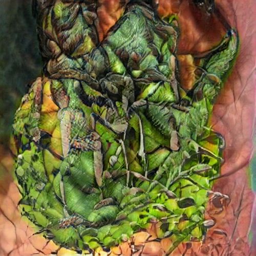 An abstract, highly stylized green and brown image that appears to depict a textured, organic form resembling an artichoke or sculpted figure.