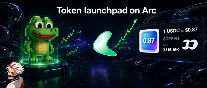 A graphic titled 'Token launchpad on Arc' showing a green pixel-art frog, a green Pac-Man-like icon, and a chart indicating '1 USDC = $0.87' with a market cap of $316.16K.