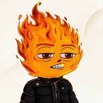 An anime-style cartoon character with a flaming orange head, wearing a black jacket with green accents, displaying a mischievous grin.