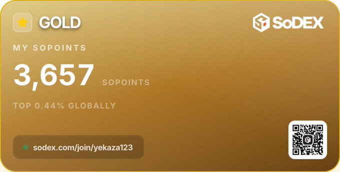 A digital 'GOLD' tier SoDEX loyalty card showing 'MY SOPOINTS 3,657' and 'TOP 0.44% GLOBALLY' with a referral link 'sodex.com/join/yekaza123'.