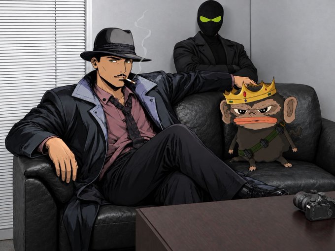 An anime-style character in a trench coat and fedora lounges on a leather couch with a cigarette, flanked by a masked figure and a small crowned monkey, while a camera sits on the coffee table. The gritty, gang-inspired illustration aligns with the post's crypto giveaway theme for $ProjectShiesty holders.