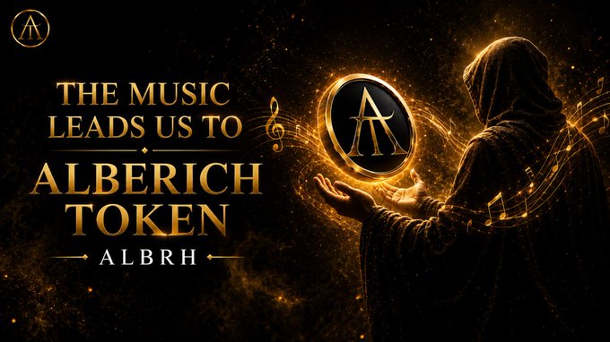 A promotional graphic for 'ALBERICH TOKEN' (ticker: ALBRH) featuring a hooded figure holding a glowing golden emblem with musical notes, accompanied by the tagline 'THE MUSIC LEADS US TO.'