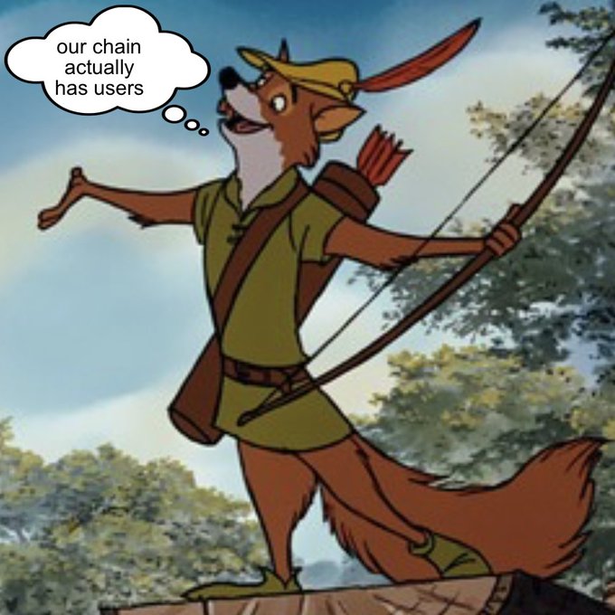The image is an edited screenshot from Disney's Robin Hood (1973) showing the fox character Robin Hood drawing his bow. A thought bubble has been added reading "our chain actually has users," used as a satirical meme to critique the post's argument that headline metrics like transaction volume and TVL can mask stagnating user growth — the caption humorously suggests that emphasizing raw numbers is not the same as demonstrating genuine user adoption.
