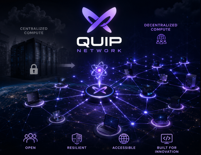 A promotional graphic for QUIP NETWORK, depicting a transition from 'Centralized Compute' (servers with a lock) to 'Decentralized Compute' via a glowing purple network of interconnected laptops, labeled Open, Resilient, Accessible, and Built for Innovation.