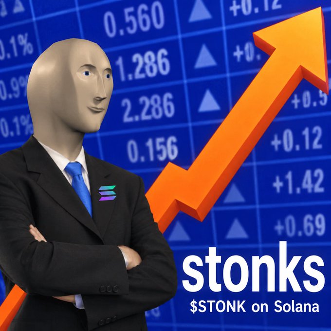 The classic 'Stonks' meme features a faceless man in a black suit with arms crossed in front of a blue stock chart with an upward orange arrow, with white text reading 'stonks $STONK on Solana'.