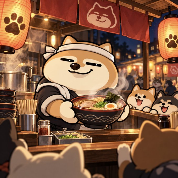 Digital illustration of a Shiba Inu dog dressed as a ramen chef holding a steaming bowl of ramen in a Japanese-style restaurant setting with other dog customers.