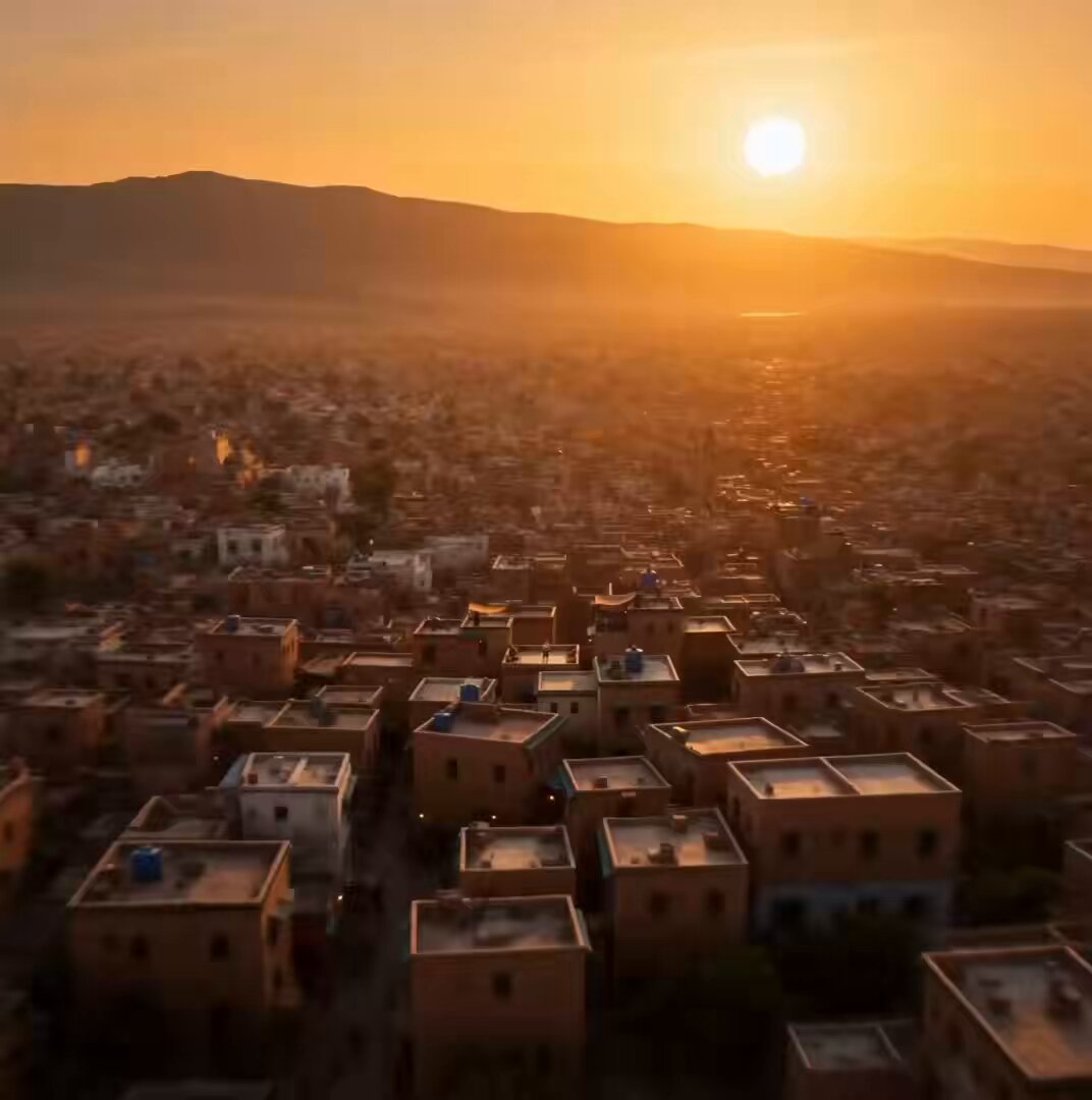 The image shows an aerial view of a city with many buildings, including some made of brick or stone, all bathed in warm sunlight during sunset. The sun appears to be setting behind the mountains in the distance, creating a beautiful backdrop for the cityscape. The photo is taken from above and captures the essence of the city's architecture and atmosphere at dusk.