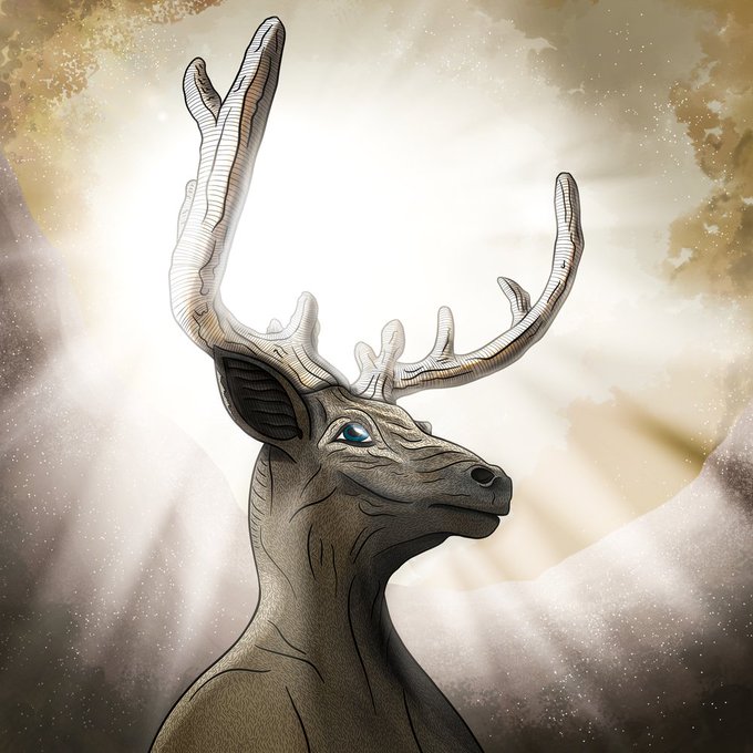 A digital illustration of a majestic stag with large antlers, rendered in a stylized animated art style against a misty, sunlit background.