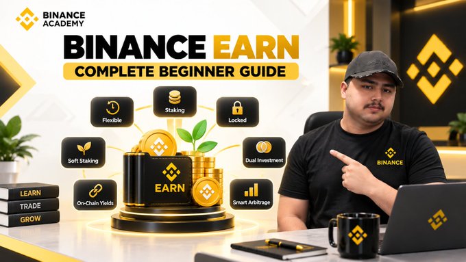 A YouTube thumbnail for a Binance Academy video titled 'BINANCE EARN COMPLETE BEGINNER GUIDE' showing a man in a black Binance cap and t-shirt pointing at graphics depicting various earning options like Flexible, Staking, Locked, and Soft Staking.