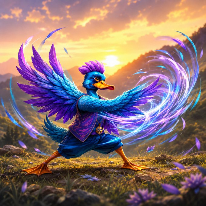A vibrant digital artwork depicting an anthropomorphic blue duck-like warrior character with purple plumage wielding swirling energy wings in a dynamic pose at sunset.