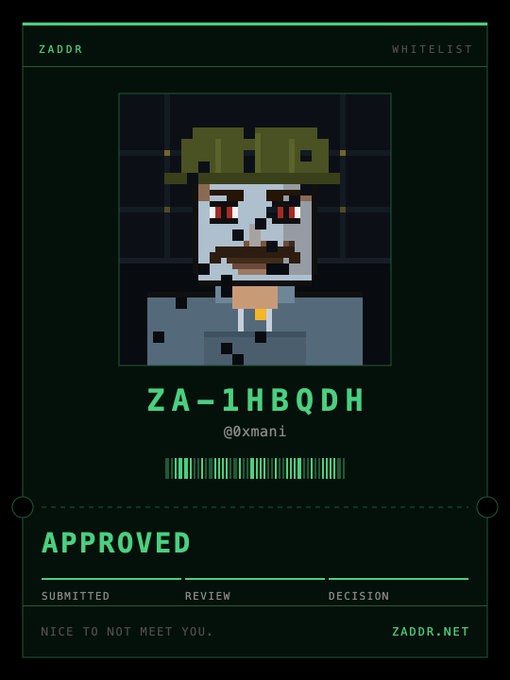 A digital ID card labeled 'ZADDR WHITELIST' featuring a pixel art character in a hat and sunglasses, with ID 'ZA-1HBQDH', handle '@0xman1', a barcode, and status 'APPROVED' from 'ZADDR.NET'.