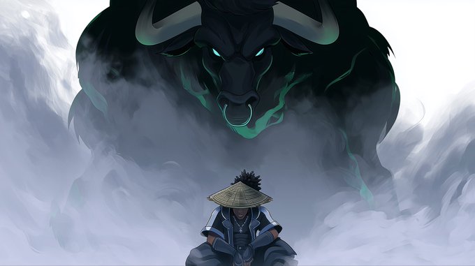 An anime-style illustration of a character wearing a straw hat sitting calmly in front of a massive, shadowy bull-like creature with glowing teal eyes and a nose ring emerging from mist.