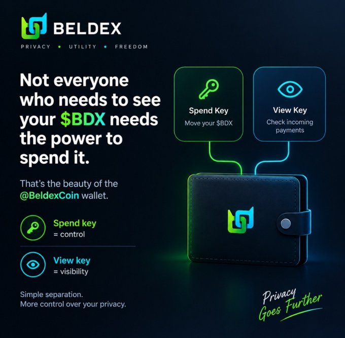 An advertisement for the BelDex wallet explains 'Not everyone who needs to see your $BDX needs the power to spend it,' detailing the separation of 'Spend Key' for control and 'View Key' for visibility.