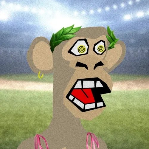 A cartoon monkey with dizzy spiraling eyes, a leafy laurel crown, and an earring stands on a grassy field, mouth wide open in a goofy expression—visually echoing the "Cash Apes" NFT collection being hyped in the post. The dizzy-eyed, exhausted-looking ape perfectly matches the caption's request to "grab a little nap" while promoting the BAYC 2.0 collection on RobinhoodChain.