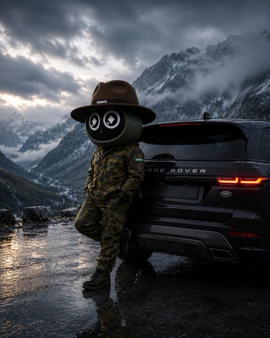 A 3D-rendered character with a black helmet featuring white eyes, wearing a hat labeled 'YOOKIE' and camouflage clothing, leans against a black Range Rover in a mountainous landscape.