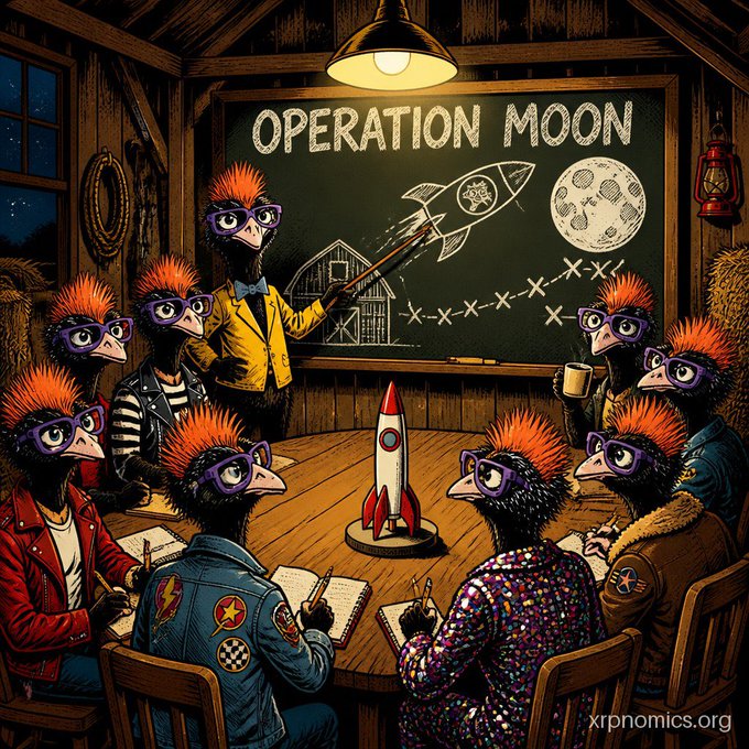 An illustration titled 'OPERATION MOON' depicts a group of bespectacled birds with orange crests in a barn, planning a moon mission around a table with a toy rocket.