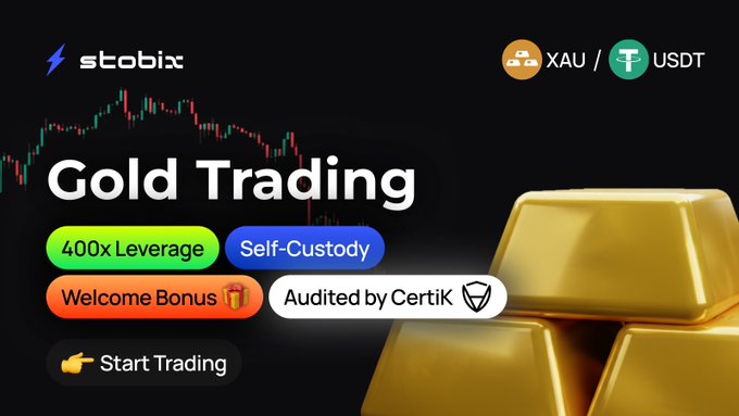 A promotional banner for Stobix gold trading featuring '400x Leverage' and 'Self-Custody' on the XAU/USDT pair, audited by CertiK, with a 'Start Trading' call-to-action.