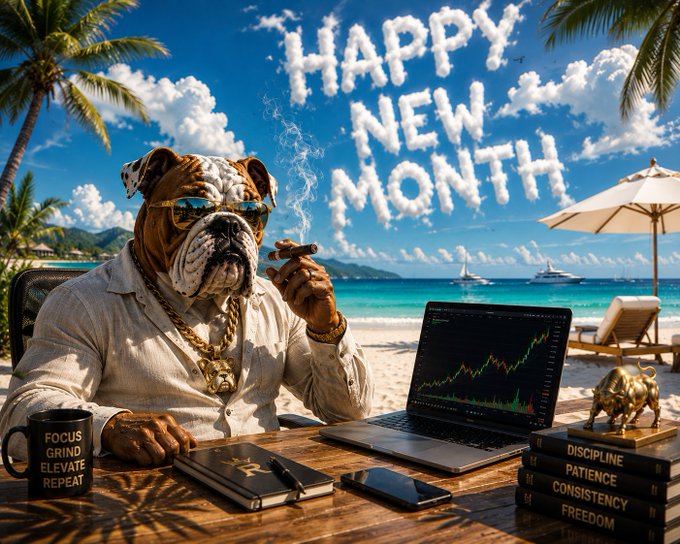 The image features a man dressed as a bulldog sitting at a desk with a laptop computer open in front of him. The bulldog has sunglasses on his head and is holding a cigar, giving off an air of sophistication or perhaps even a sense of humor. In the background, there are palm trees and other beach-related items such as umbrellas and boats. The image also includes text that reads "Happy New Month CT A new week but the mission remains the same June is here Let' s build, learn and make something worth remembering".
