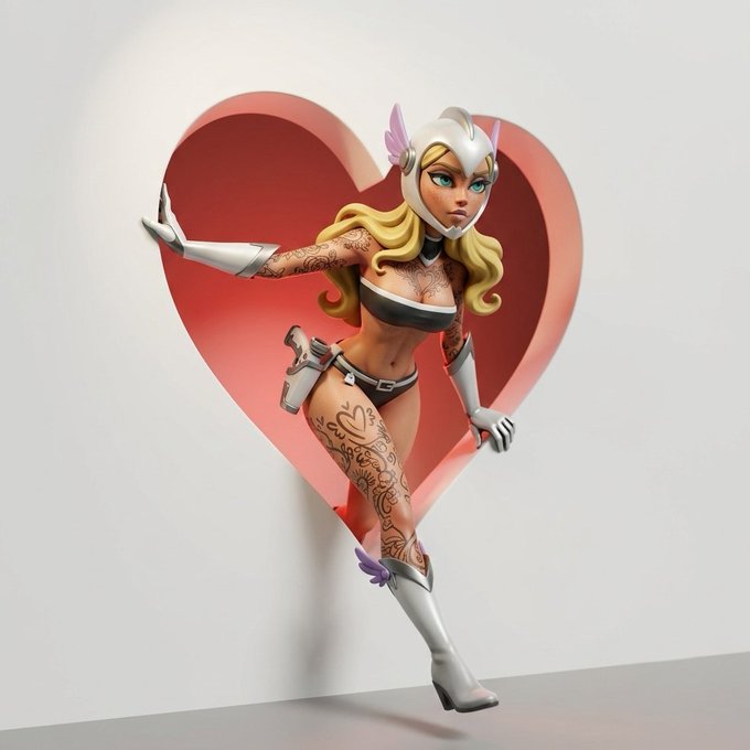 A 3D rendered illustration of a stylized blonde female character in a white helmet and outfit with body tattoos, posing in front of a large red heart.