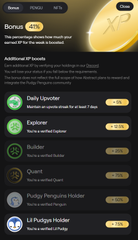 The image shows an iPhone screen displaying a list of XP badges for various games. The top badge reads "Happy XP Day This week, I only played Mog and the boost system, and I received 63,579 XP." Below this, there are other badges such as "Explorer" and "Builder," indicating different game achievements or accomplishments. The post also mentions that the XP earned from playing these games is a surprising good increase of more than 100,000 XP.