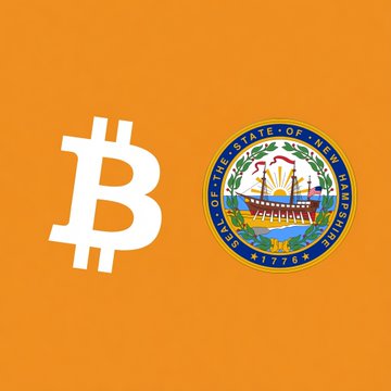 An orange graphic displaying the Bitcoin (₿) logo next to the Seal of the State of New Hampshire.