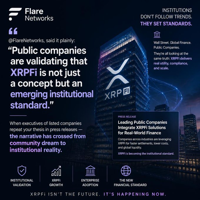 The image shows a city skyline at night, with a large building featuring a purple XRP logo prominently displayed against a dark blue sky. The text in the image reads "@FlareNetworks said it plainly: Public companies are validating that XRPFi is not just a concept but an emerging institutional standard." This statement suggests that the company behind the XRP token has found value in its concept and is actively promoting it as an emerging standard within the financial industry.

The image also includes various icons related to finance, such as a building representing a bank or stock exchange symbol, which further emphasize the connection between the XRP token and the financial world. The overall visual presentation of the image highlights the importance of the XRP token in today's rapidly changing landscape of emerging technologies and financial instruments.