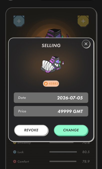 A mobile app screen showing a 'SELLING' interface with a mummified character item, priced at 49999 GMT with a token count of 45883, and stats showing Efficiency (70.0), Luck (80.5), and Comfort (78.9).
