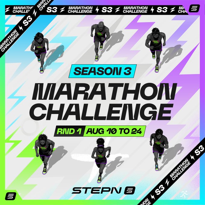 A 'MARATHON CHALLENGE' Season 3 promotional graphic for STEPN, featuring running characters and dates 'RND 1 AUG 10 TO 24'