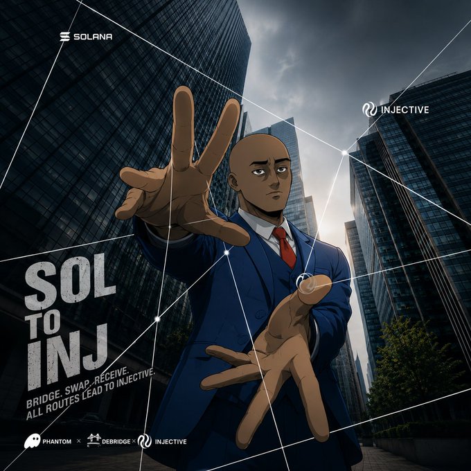 An anime-style promotional image showing a character in a suit extending their hands, with text reading 'SOL TO INJ', 'BRIDGE. SWAP. RECEIVE. ALL ROUTES LEAD TO INJECTIVE', and logos for Solana, Phantom, deBridge, and Injective.
