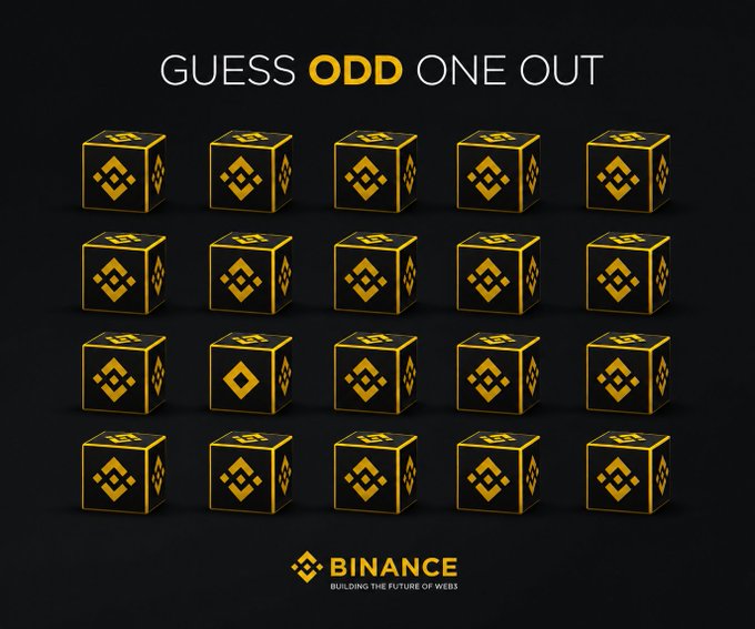 A 'Guess Odd One Out' Binance promotional graphic featuring 20 golden Binance cubes arranged in a grid.