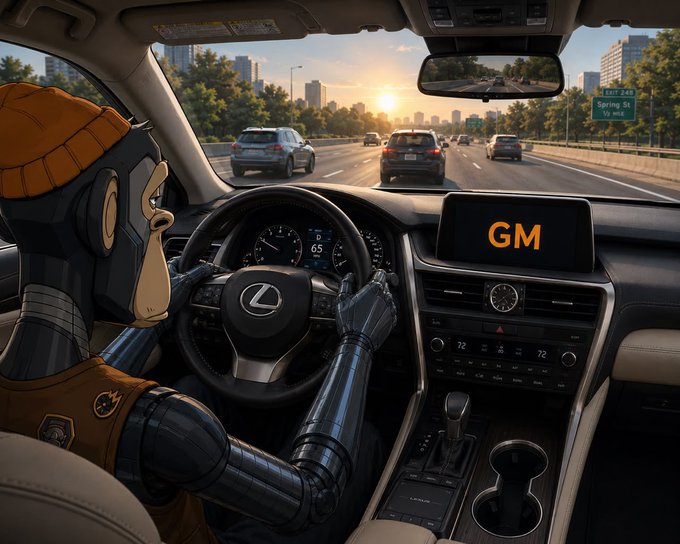 In the center of a cityscape, a cartoon monkey is seated in a car, gripping the steering wheel with one hand. The monkey appears to be driving during sunset, as indicated by the orange hue filling up the sky in the background. A neon sign reading "Gm web3 fam" can also be seen above the steering wheel. This image seems to be part of a larger collection that emphasizes the value and importance of investing in cryptocurrency platforms like Gm.