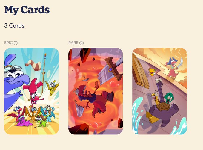 A 'My Cards' screen from a digital collectibles app showing 3 cards: 1 Epic and 2 Rare, featuring cartoon-style illustrations of sea creatures and a sword in lava.