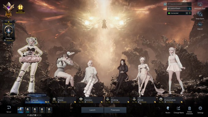A screenshot from a fantasy MMORPG game showing six female characters displayed on a menu screen with options like Launch, Powerpass, and various character classes.
