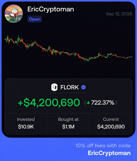 A trading dashboard from "EricCryptoman" dated Sep 12, 2026 displays a candlestick chart and showcases a massive gain on FLORK of +$4,200,690 (722.37%), having invested $10.9K to reach a current value of $4.2M. The image serves as a teaser illustrating how impressive trading results can attract fellow traders, aligning with the caption "How to attract a trader (Soon)."