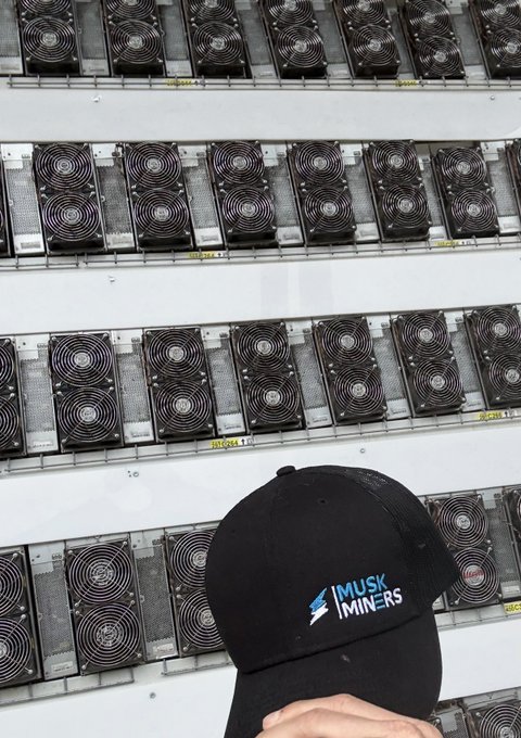 A person wears a black cap reading "IMUSK MINERS" while standing in front of rows of mining rigs with cooling fans, likely Z15 Pro ASIC miners referenced in the post about Zcash mining profitability.