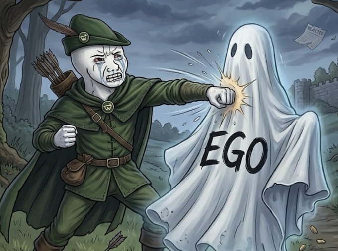 The image shows a cartoon Robin Hood figure crying as he punches a ghost labeled "EGO," with a "REJECTED" paper flying in the background—symbolizing how traders must defeat their pride to successfully launch their coins. The caption: *"Defeat your ego to launch your coins—rejection is part of the journey."*