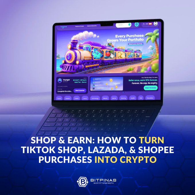 A BitPinas promotional graphic says “SHOP & EARN: HOW TO TURN TIKTOK SHOP, LAZADA, & SHOPEE PURCHASES INTO CRYPTO,” showing a laptop with a colorful “Every Purchase Grows Your Portfolio” train-themed ad.
