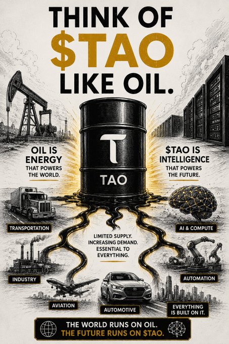 The image features a poster with a black and white illustration depicting various elements related to oil, such as a tanker truck, an airplane, and a car. The poster also includes text that reads "Think of $TAO like oil." This phrase is used in reference to the COO of DCG's Bittensor arm, who explained how subnets are like refined fuel for machines, emphasizing their importance in the world of technology and finance. The poster encourages viewers to consider the value of subnets as a valuable resource, just like oil.