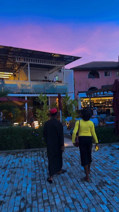 Two people walking away at twilight toward a lit outdoor venue, one wearing a red beret and black clothing, the other in a yellow top, set against a vibrant purple and pink sky.