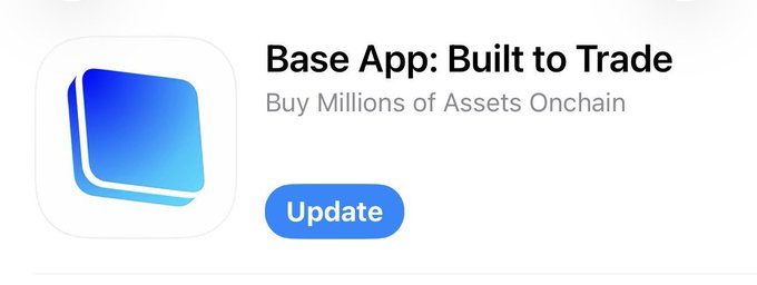 A promotional app store listing for 'Base App: Built to Trade' with the tagline 'Buy Millions of Assets Onchain' and an 'Update' button.