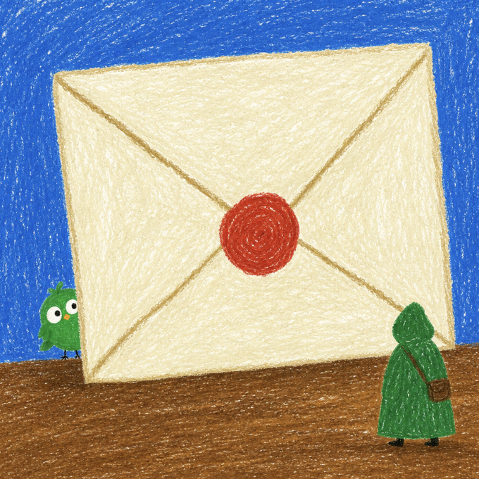 A colored pencil illustration showing a giant cream-colored envelope with a red wax seal, accompanied by a small green bird and a hooded green figure against a blue sky.