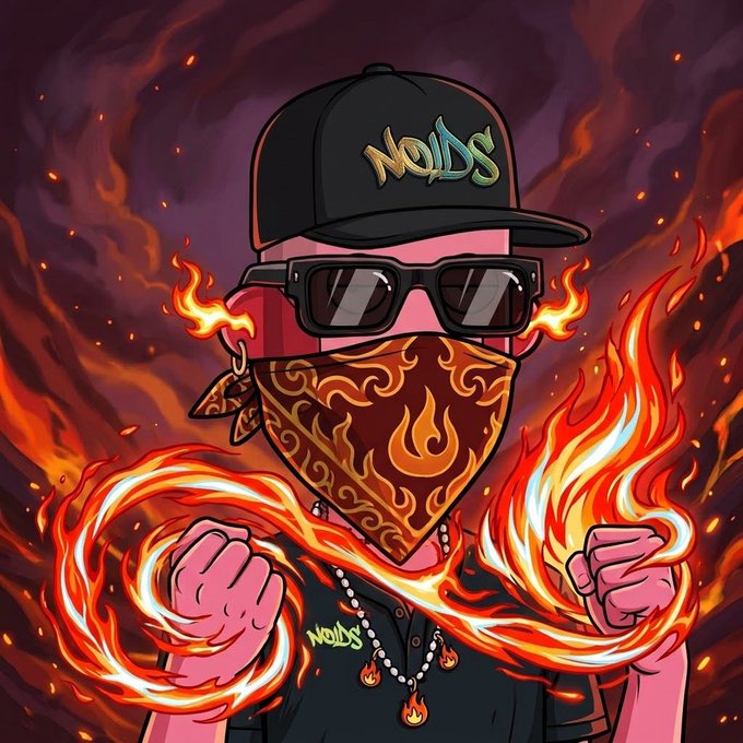 A pink-skinned cartoon character wearing a black "NoDs" cap, sunglasses, and a flame-patterned bandana stands surrounded by swirling fire, holding flames in both fists. The fiery, anonymous aesthetic ties directly to the "gm nfts" post, evoking the bold, rebellious vibe of crypto and NFT culture.