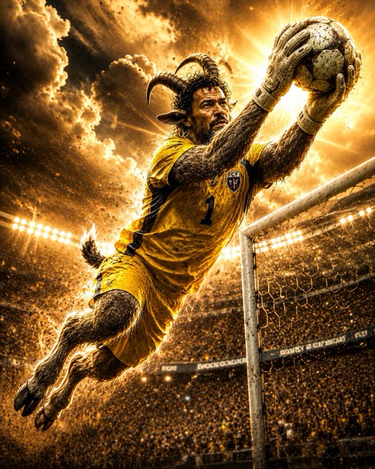 A dramatic, stylized digital artwork of a goat-like humanoid goalkeeper wearing a yellow jersey with the number '1', leaping to catch a soccer ball in a stadium illuminated by golden sunlight.