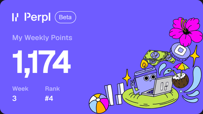 The image is a Perpl Beta dashboard showing weekly points of 1,174, with the trader ranked #4 in Week 3, accompanied by playful illustrations of a laptop character relaxing in a pool. This visual highlights the user's tournament performance metrics on the Perpl trading platform.