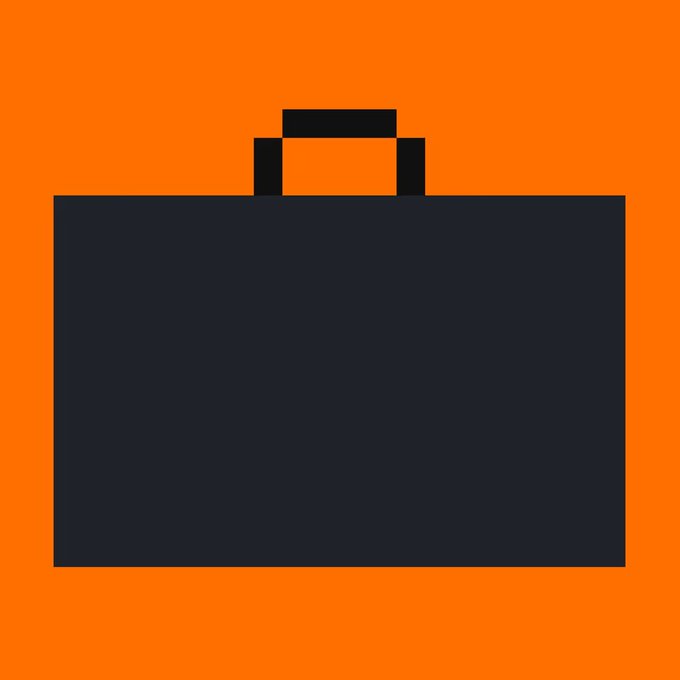 A simple minimalist icon depicting a dark gray briefcase with a black handle on a bright orange background.