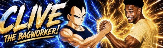 A graphic featuring the text "CLIVE THE BAGWORKER!" shows an anime-style character (resembling Vegeta from Dragon Ball Z) clasping hands with a smiling young man against a backdrop of crackling blue and yellow lightning, visually promoting the "Bagworker" meme coin and its association with Ansem.