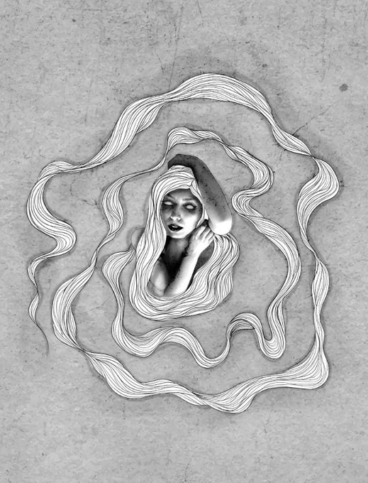 A monochromatic, surreal sketch of a sleeping woman with long, flowing hair that spirals outward to form a circular, rose-like pattern on a textured background.