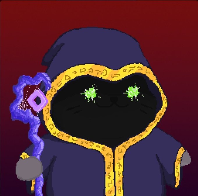 A pixel-art style image of a dark hooded cat-like figure with glowing green eyes and yellow runic trim, holding a purple staff with a pink diamond shape against a dark red background.
